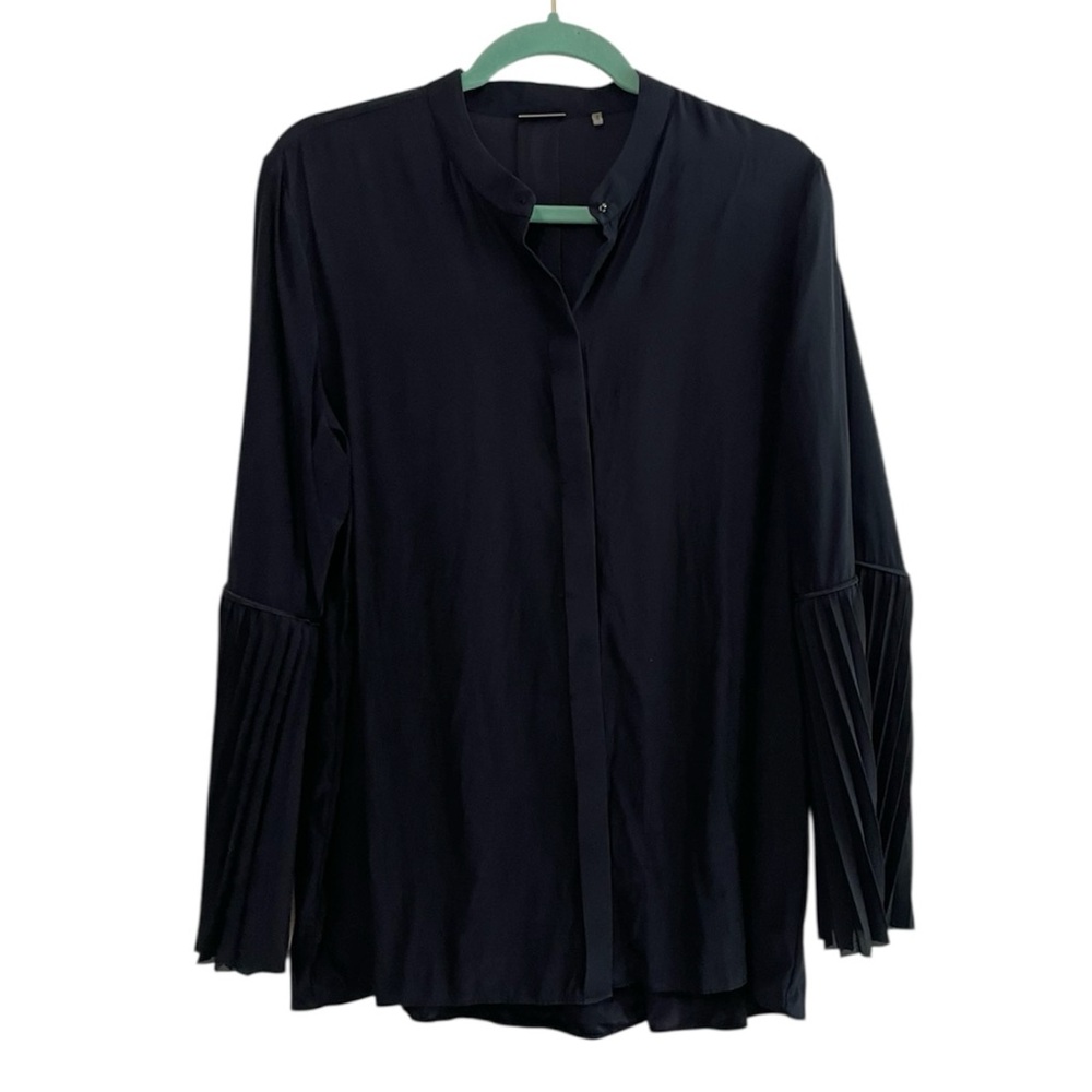 Elie Tahari Silk Button Down Blouse Navy‎ Blue Pleated Bell Sleeves Size Large